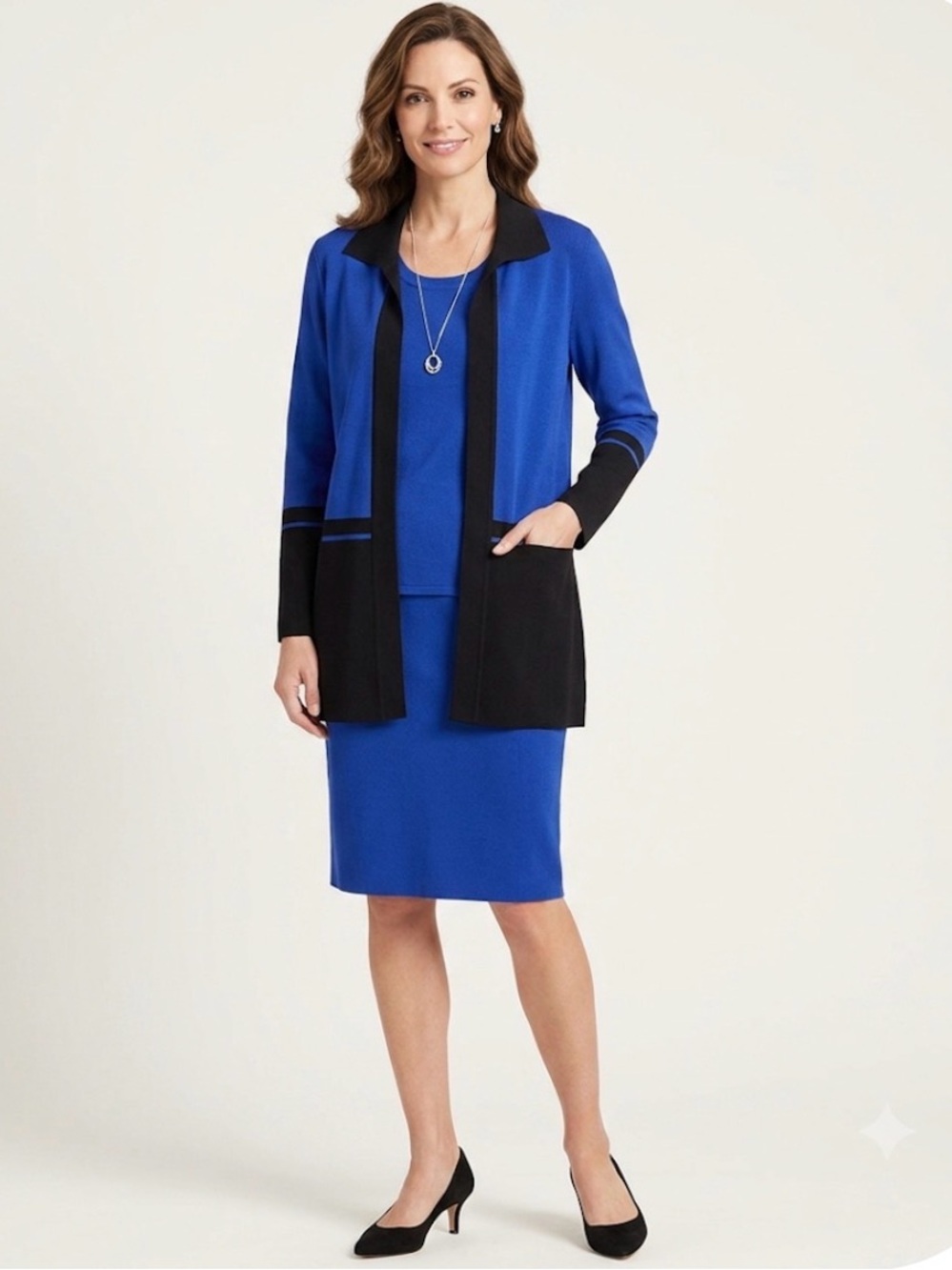 Misook 3 Piece Set Sweater, Top, Skirt Royal Blue and Black size small
